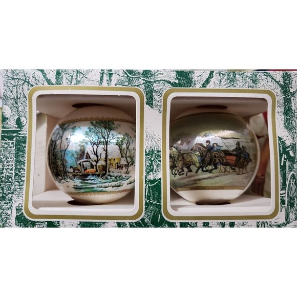 Currier and Ives 2 Satin Ball Ornaments Mid Century by Pepsi - Picture 2 of 7